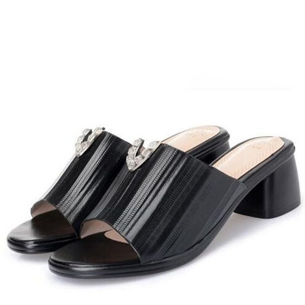 fish mouth metal rhinestone cowhide women fashion slippers high heel sandals summer leather shoes plus size, Black